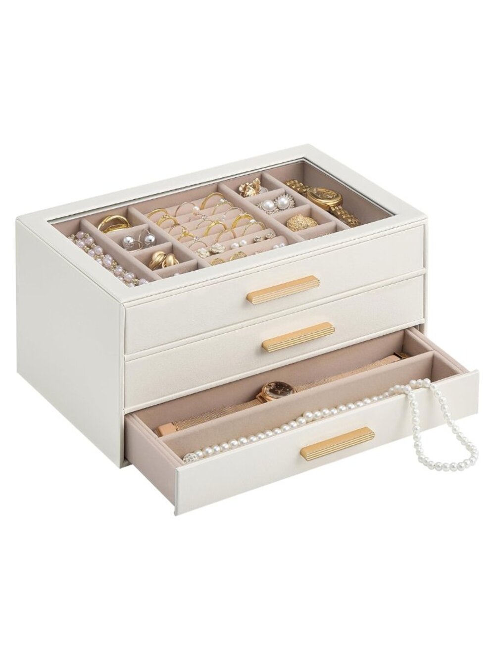 3-Layer Jewelry Box Faux Leather Velvet Glass Lid Beige Organizer